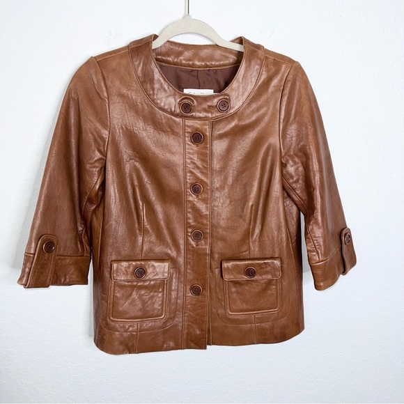 Calvin Klein Leather Jacket Women’s Small Brown 3/4 Sleeve Button Up Camel RCL - Picture 1 of 8